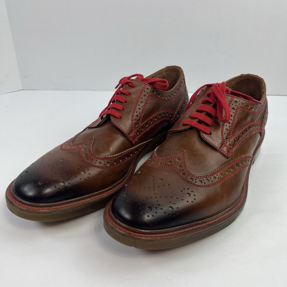 Donald Pliner Wingtip Leather Oxford Shoes Men's Size 10.5 Brown Red Stitching